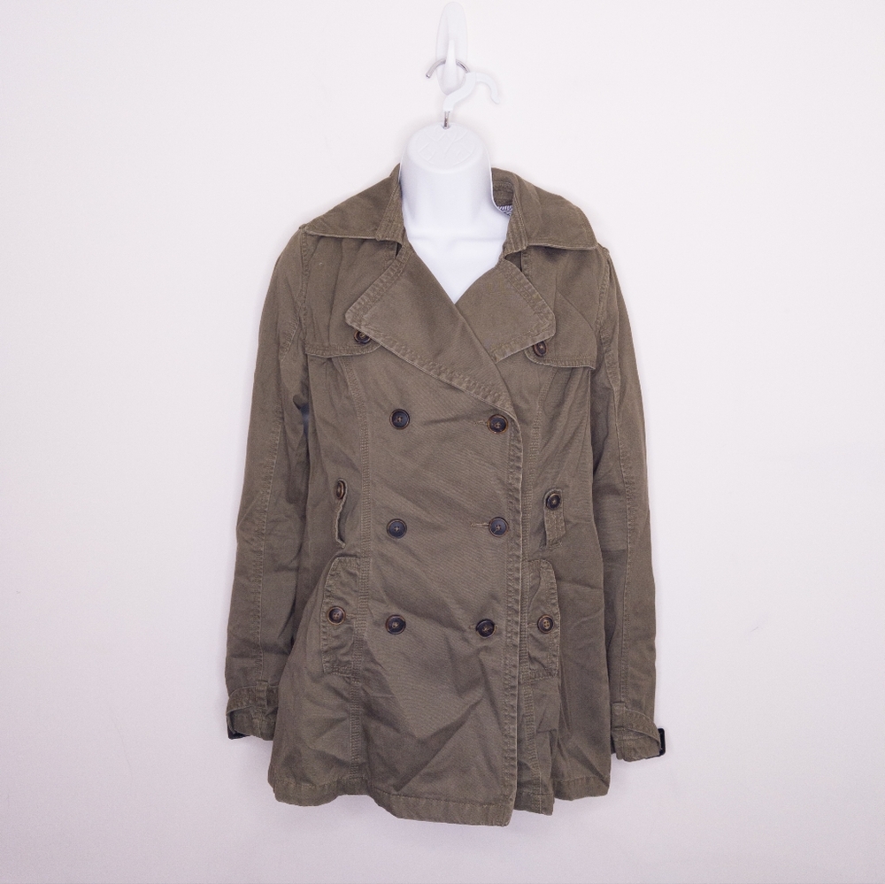 American Eagle Trench Coat Double Breasted Women's Jacket Size Medium Army Green